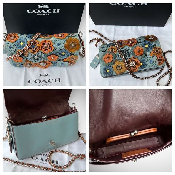 AUTH Coach 1941 Dinky with Glitter Tea Rose Bag, Dust Bag, Gift Box Steel Blue - Picture 12 of 16
